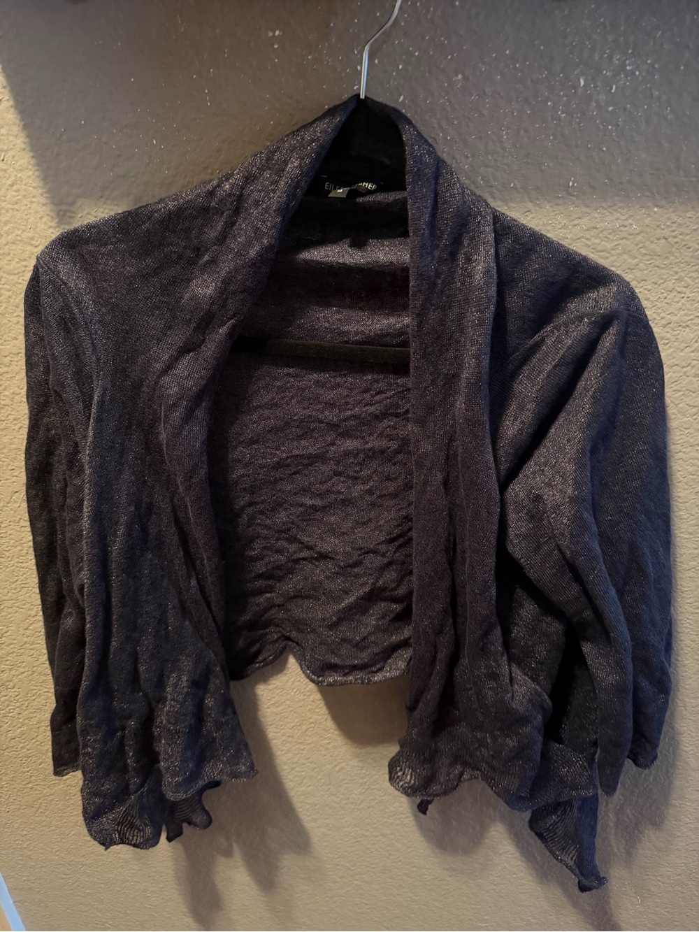 Eileen Fisher navy blue metallic open cropped cardigan cascade size M